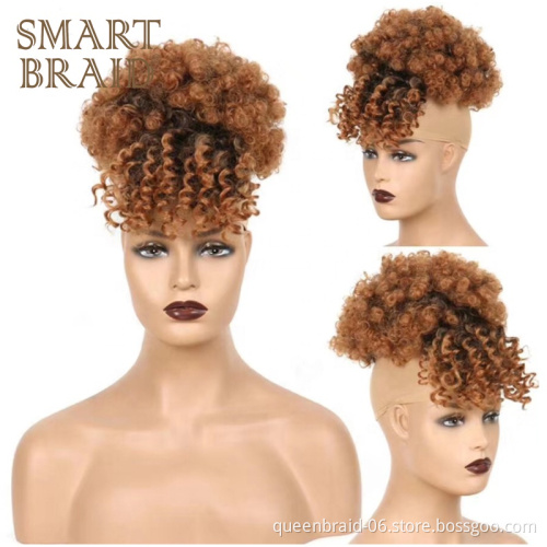 Afro Puff Drawstring Ponytail Bun with Bangs Short Afro Kinky Curly Hairpieces Clips in Pineapple Updo Hair Extensions for Women